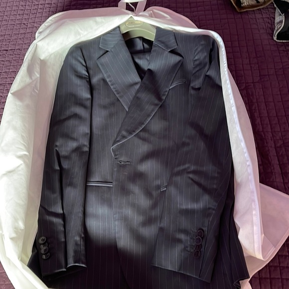 Emporia Armani one button suite, dark blue with thin stripes; length 30, waist34 - Picture 1 of 4